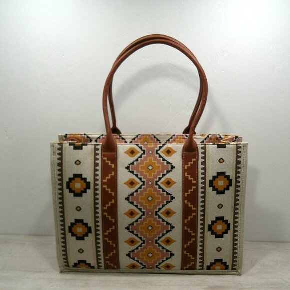 Wrangler Southwestern Aztec Mexican Style Print Canvas Wide Full Zip Tote Bag - Picture 2 of 14